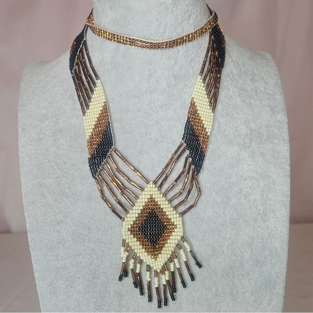 Vintage Native American Loom Seed Bead Necklace 70s Gold, Cream, Black EUC 25"